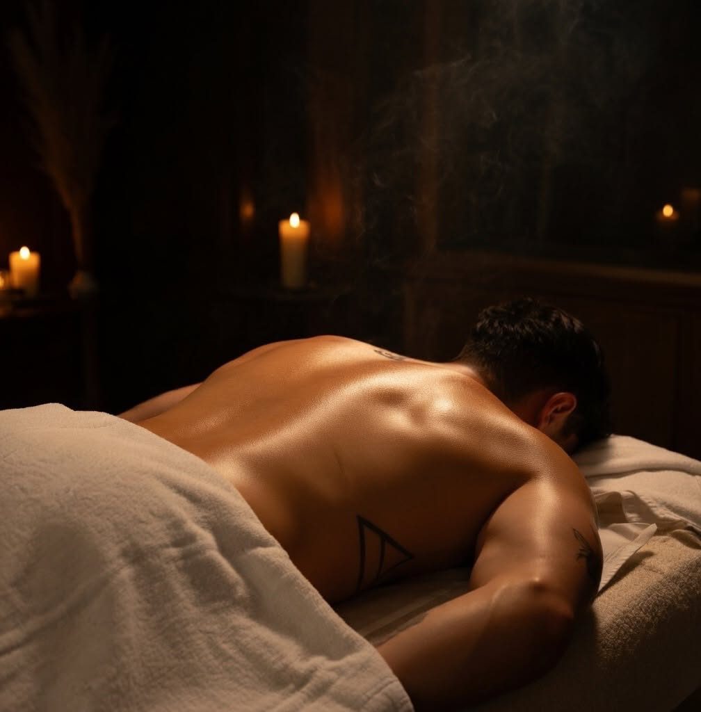 A relaxed back resting on a towel-covered massage table in candlelight