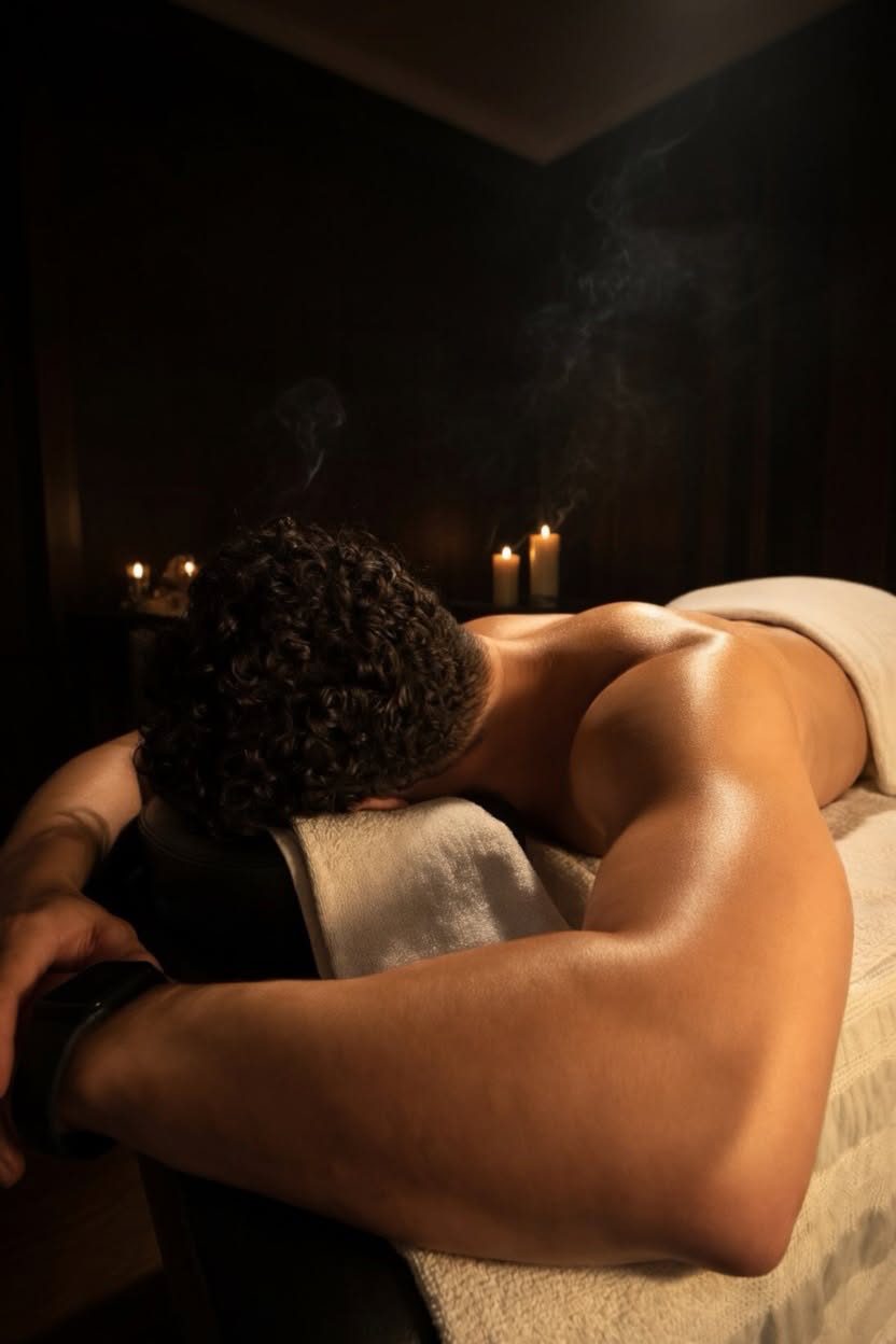 A man resting face down on a massage table, candles glowing in the background